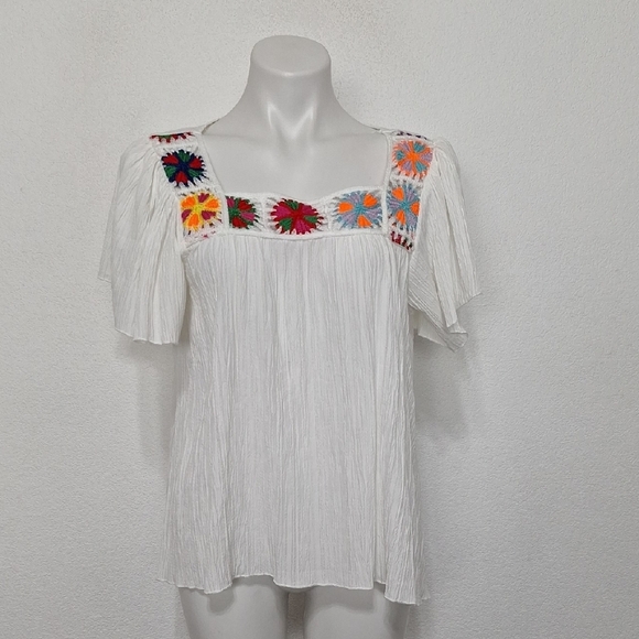 White Boho Multicolor Bohemian Hippie Crochet Square Neck Peasant Blouse Size L - Picture 2 of 13